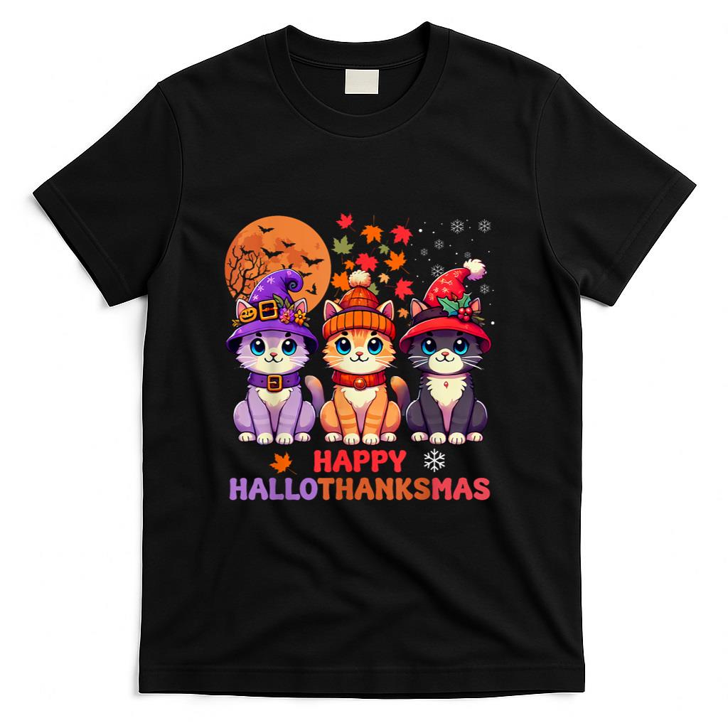 Halloween Thanksgiving Christmas Happy HalloThanksMas Cats T-Shirt_1