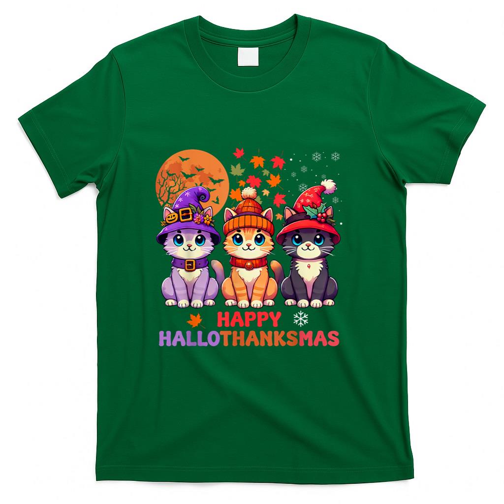Halloween Thanksgiving Christmas Happy HalloThanksMas Cats T-Shirt_1