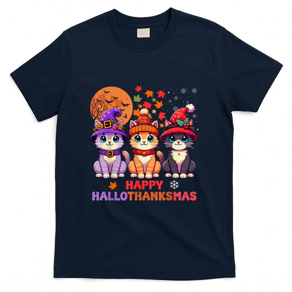 Halloween Thanksgiving Christmas Happy HalloThanksMas Cats T-Shirt_1