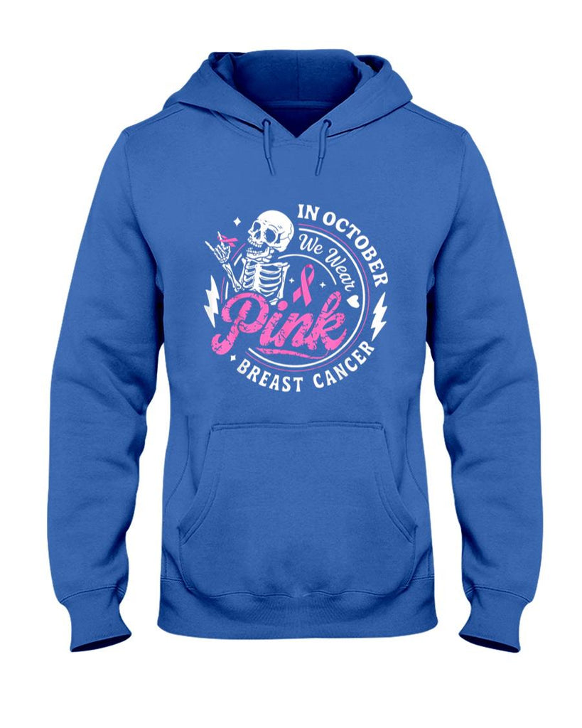 in October We Wear Pink Skeleton Breast Cancer Awareness T-Shirt