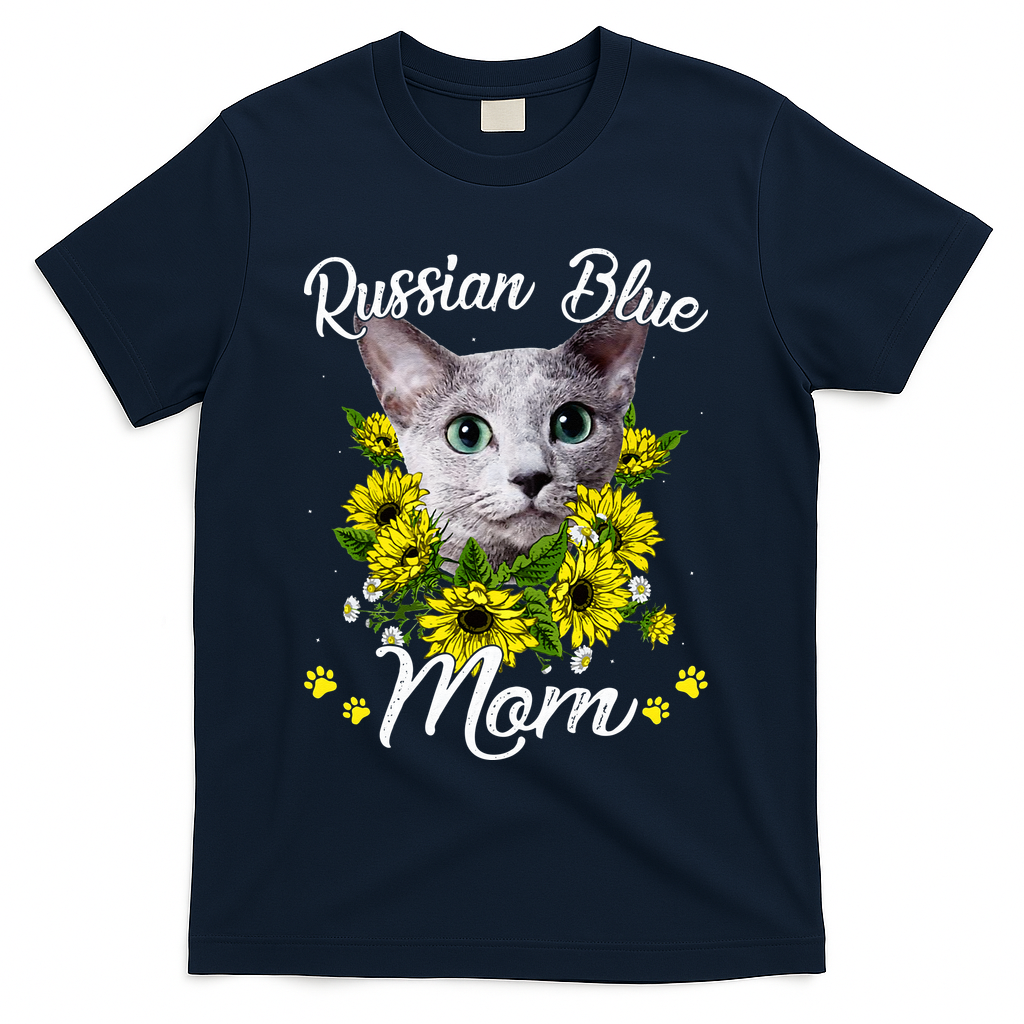 Womens Cat Mom Mother's Day Kitten Sunflower Russian Blue Mom T-Shirt