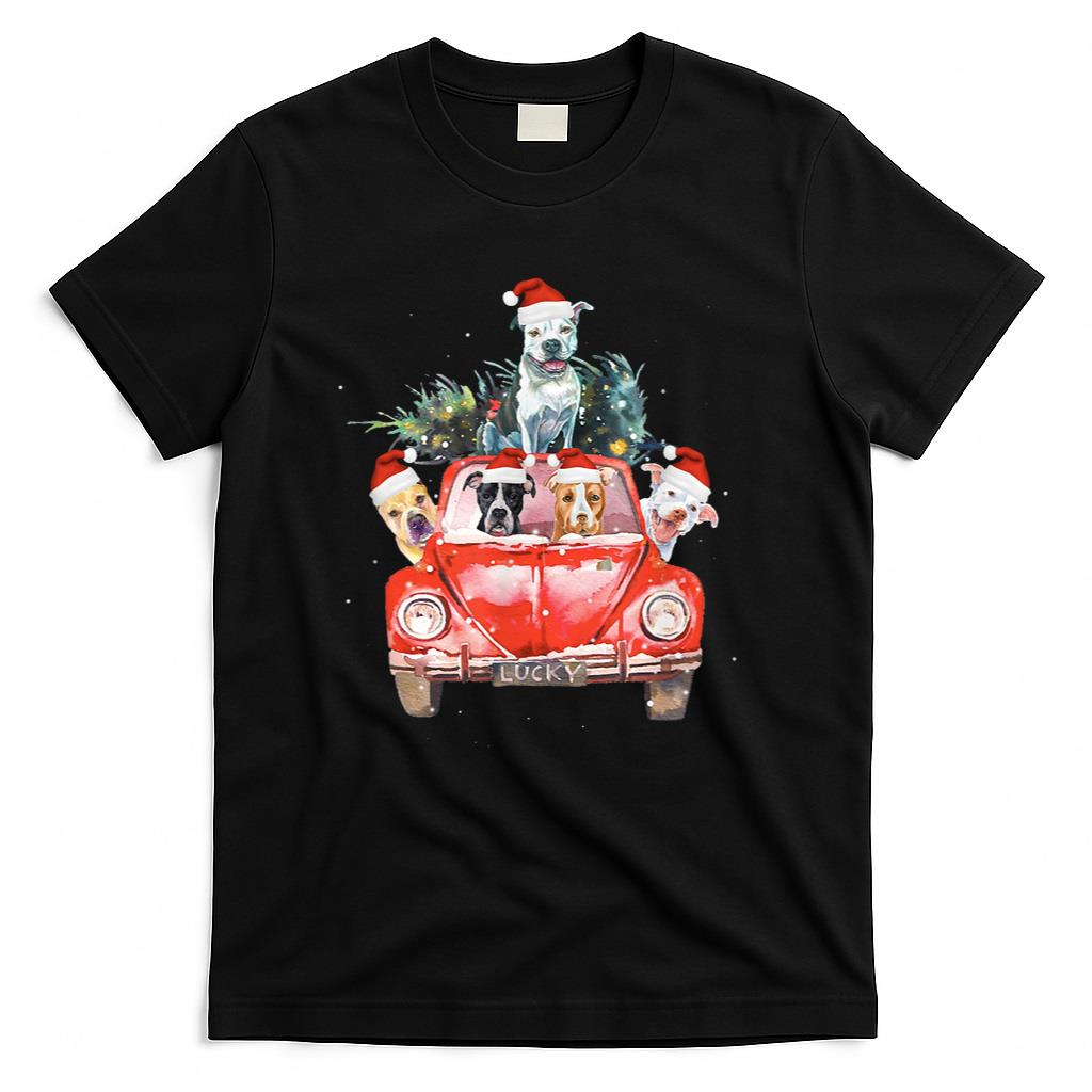 Pitbull Riding Red Truck Christmas Tree Santa Pitbull Xmas T-Shirt