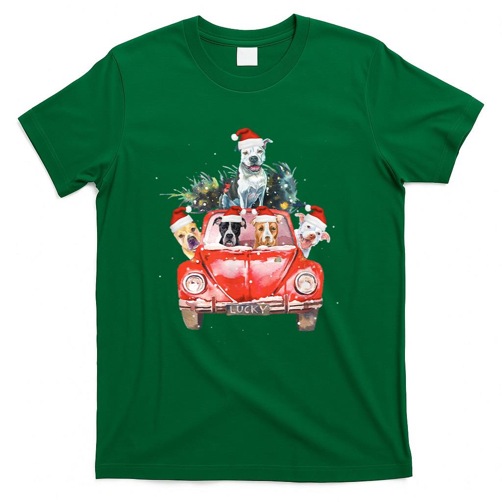 Pitbull Riding Red Truck Christmas Tree Santa Pitbull Xmas T-Shirt