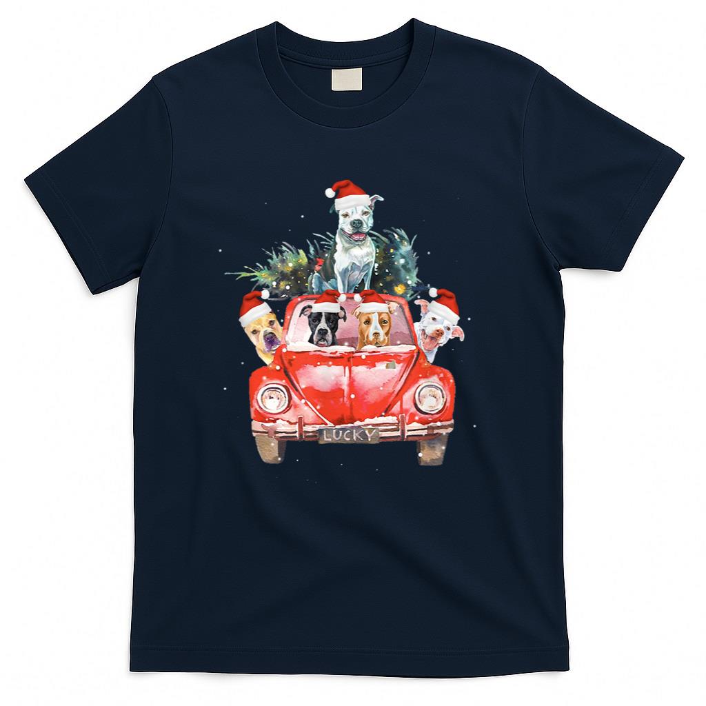Pitbull Riding Red Truck Christmas Tree Santa Pitbull Xmas T-Shirt