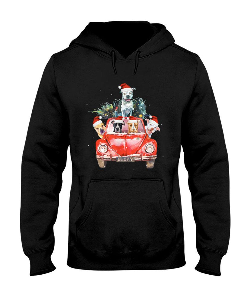 Pitbull Riding Red Truck Christmas Tree Santa Pitbull Xmas T-Shirt
