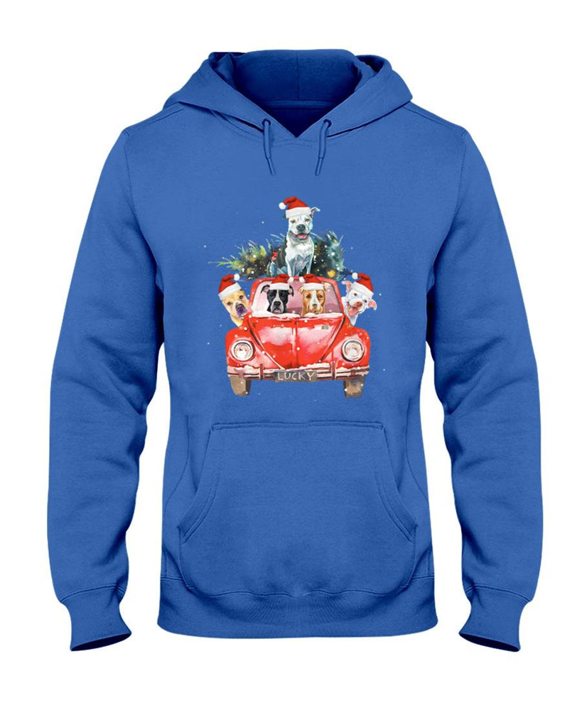 Pitbull Riding Red Truck Christmas Tree Santa Pitbull Xmas T-Shirt