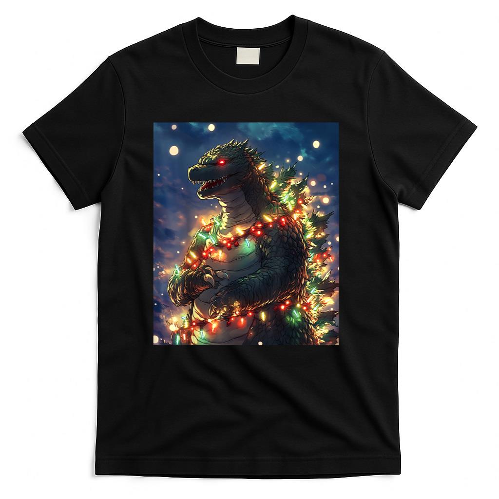 Japanese Monster Kaiju Santazilla Christmas Tree Lights T-Shirt