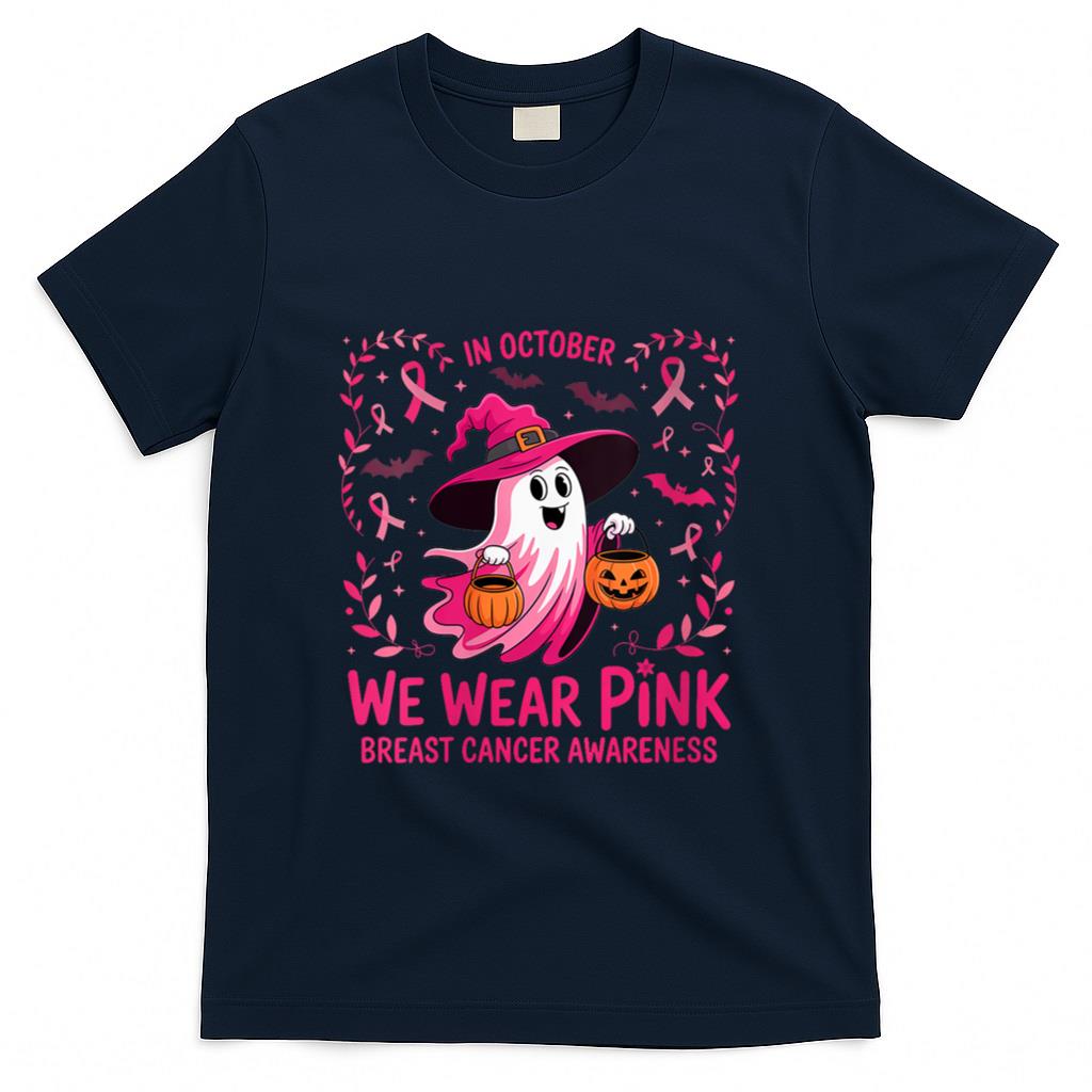 Womens In October We Wear Pink Breast Cancer Awareness Halloween V-Neck T-Shirt