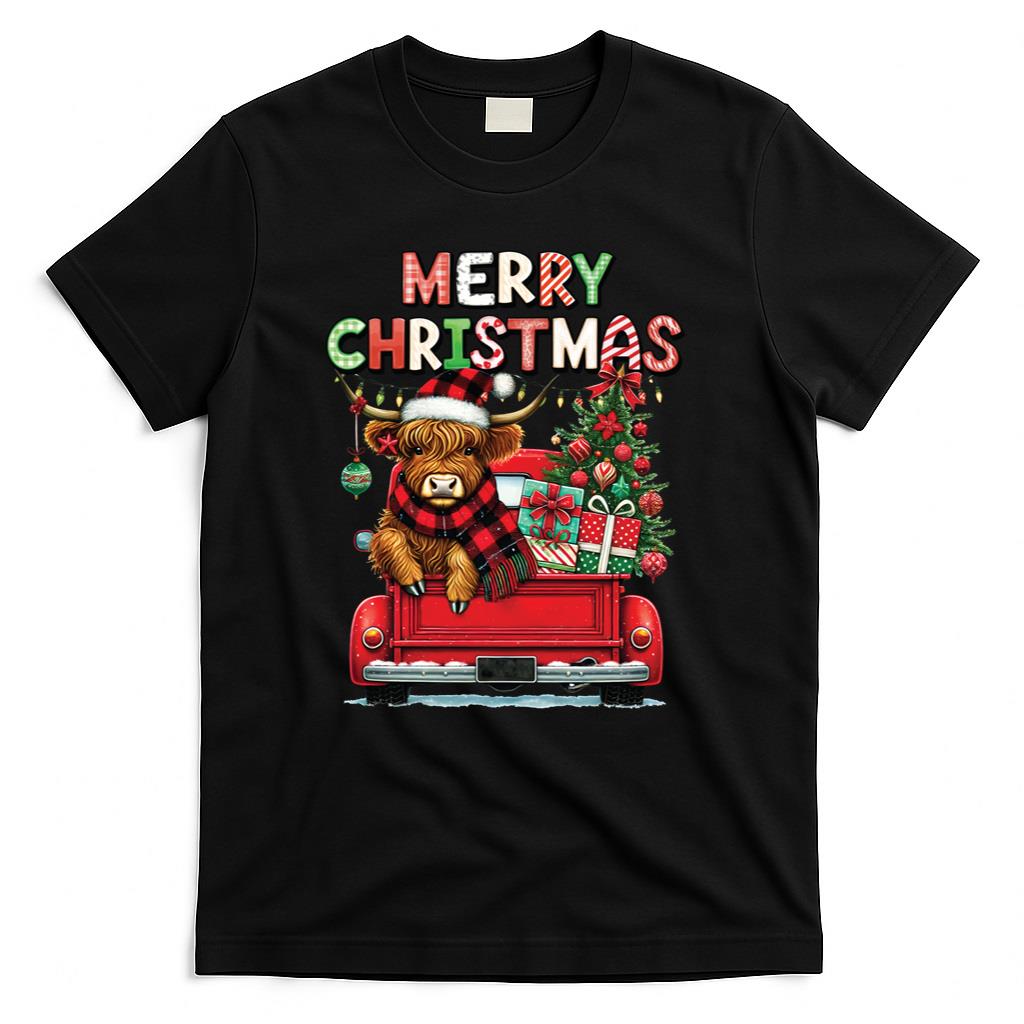 Merry Christmas Scottish Highland Cow Xmas Farm Animal Lover Long Sleeve T-Shirt