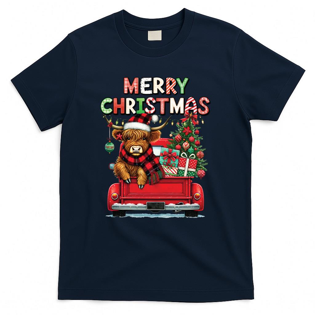 Merry Christmas Scottish Highland Cow Xmas Farm Animal Lover Long Sleeve T-Shirt
