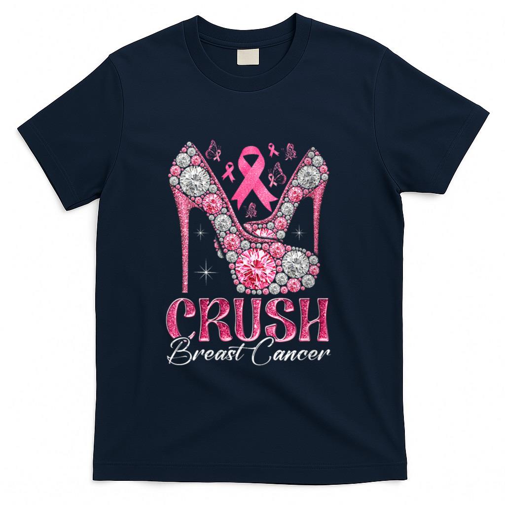 Womens Crush Breast Cancer Awareness Bling Pink Ribbon High Heel V-Neck T-Shirt