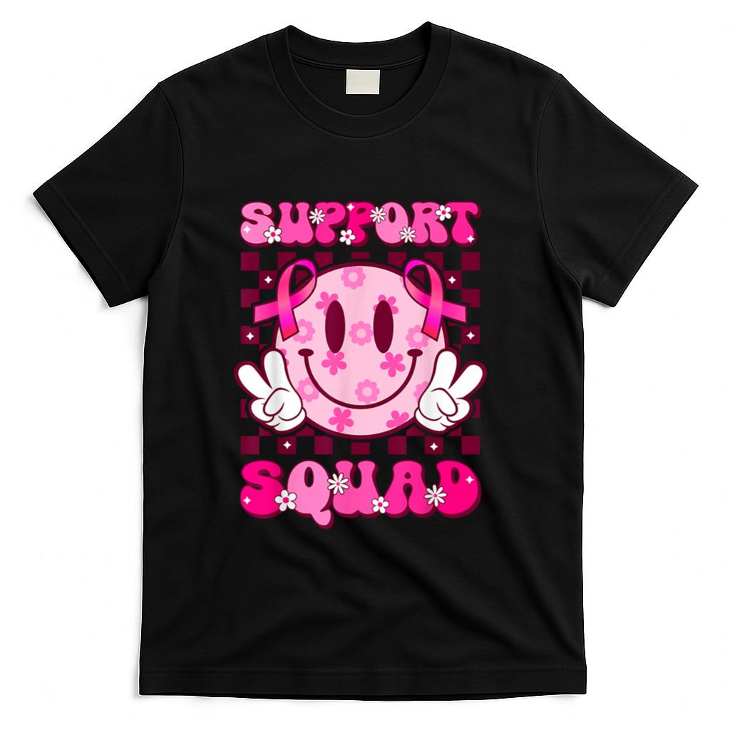 Groovy Smile Face Pink Ribbon Support Squad Breast Cancer T-Shirt