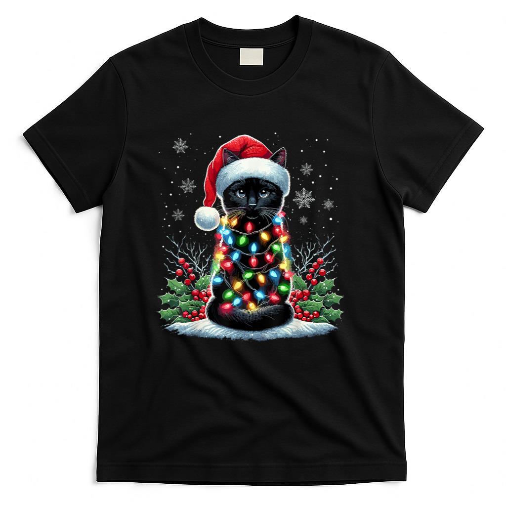 Black Cat Christmas Santa Hat Funny Meowy Cat T-Shirt for Men Women Kids