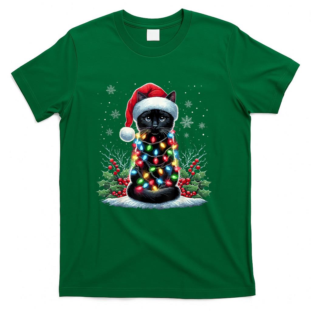 Black Cat Christmas Santa Hat Funny Meowy Cat T-Shirt for Men Women Kids