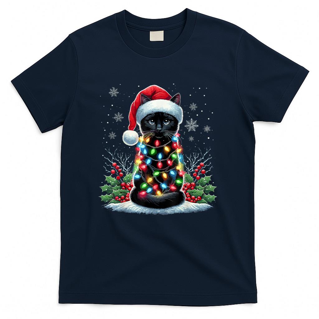 Black Cat Christmas Santa Hat Funny Meowy Cat T-Shirt for Men Women Kids