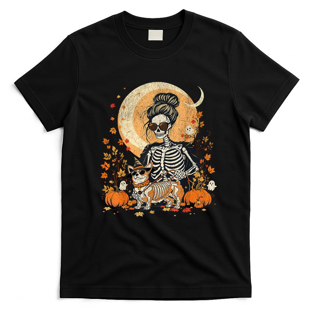 Pet Mom Halloween Shirt - The Corgi Mom Skeleton Halloween Night Walk Dog Lovers T-Shirt