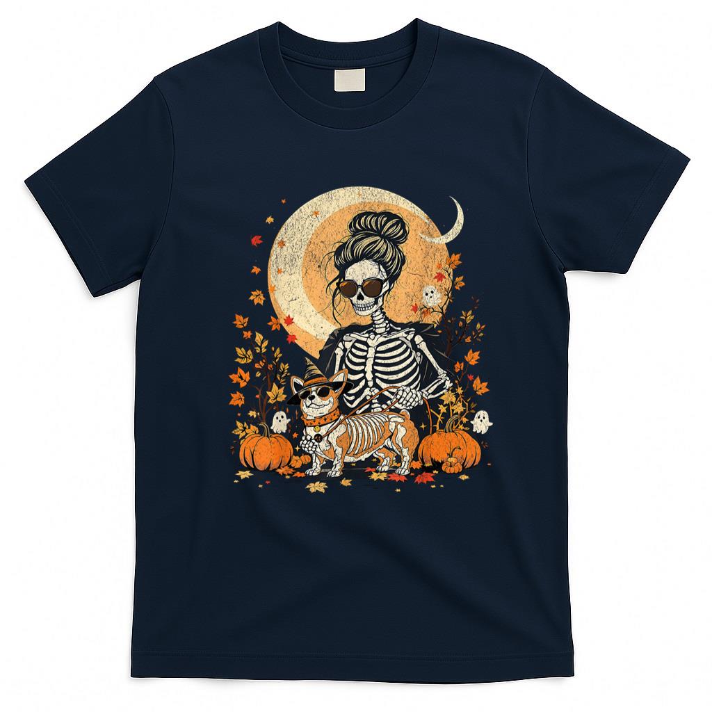 Pet Mom Halloween Shirt - The Corgi Mom Skeleton Halloween Night Walk Dog Lovers T-Shirt