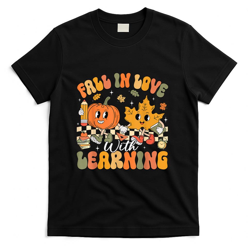 Retro Fall In Love With Learning Autumn Pumpkin Teacher T-Shirt_1