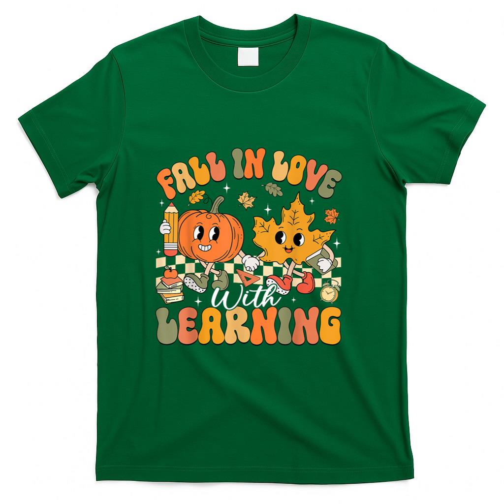 Retro Fall In Love With Learning Autumn Pumpkin Teacher T-Shirt_1