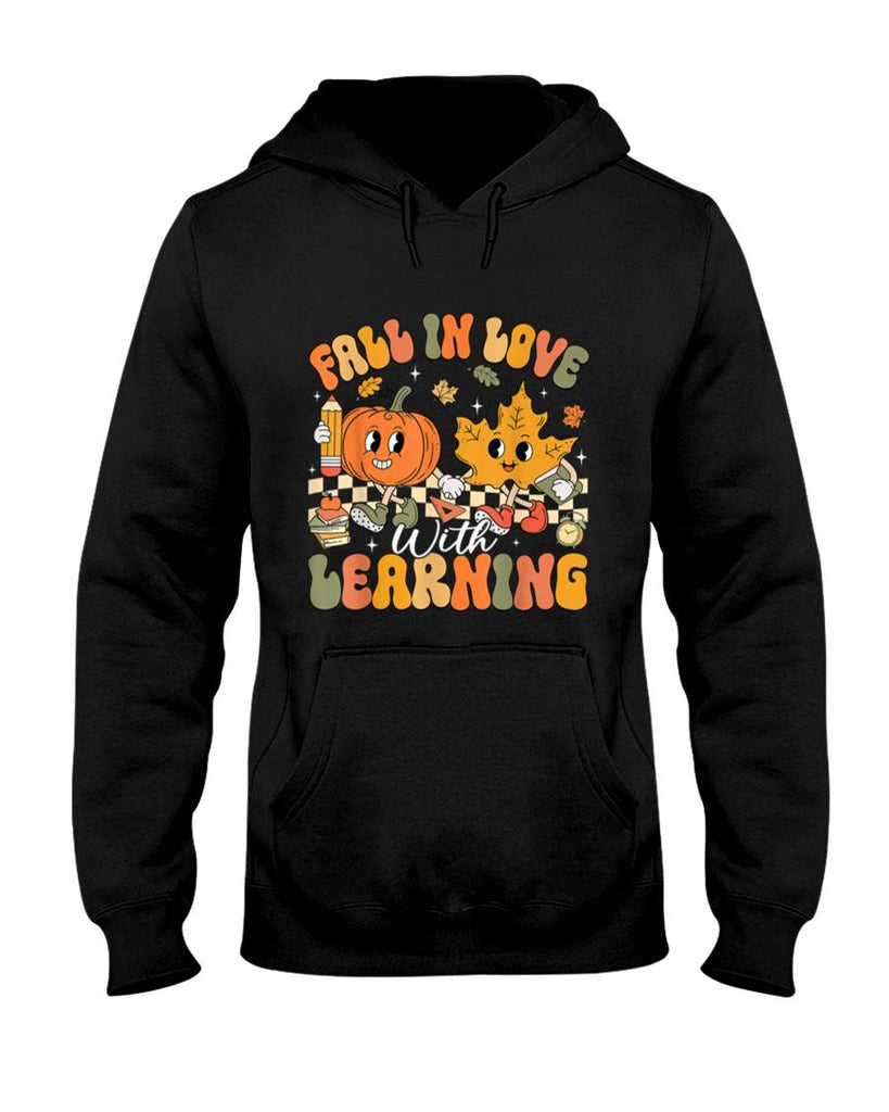 Retro Fall In Love With Learning Autumn Pumpkin Teacher T-Shirt_1