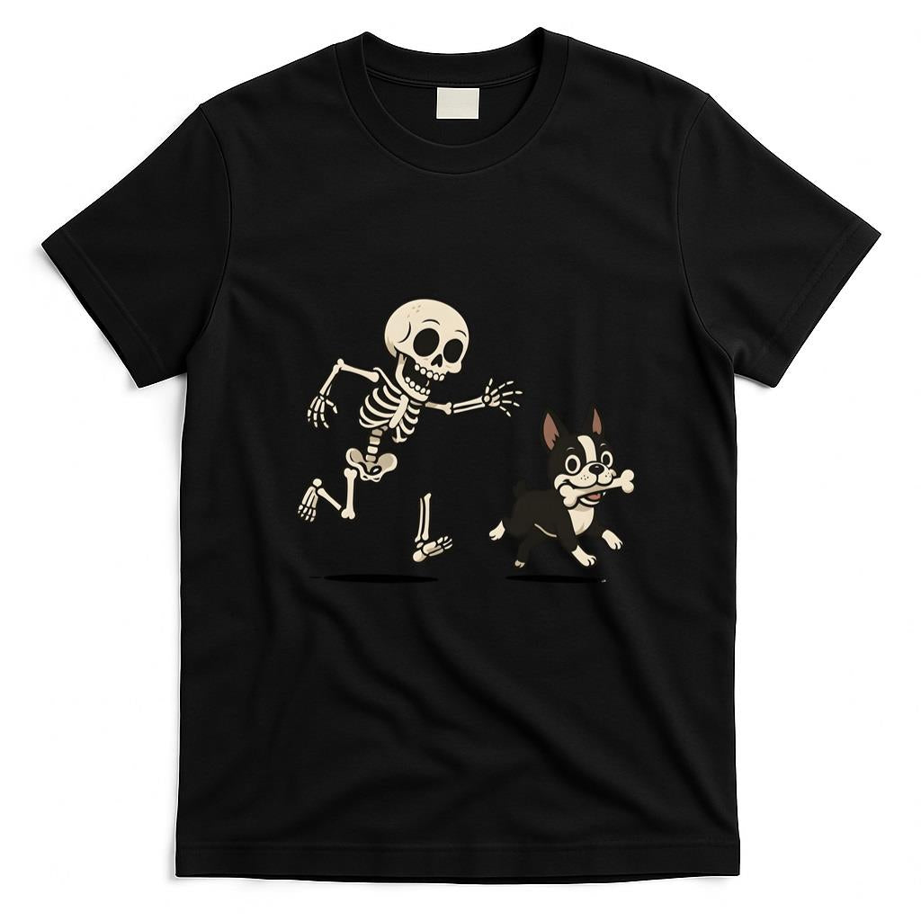 Pet Mom Halloween Shirt - Skeleton Chasing Dog Boston Terrier Halloween Mom Pet Lover Long Sleeve T-Shirt_1