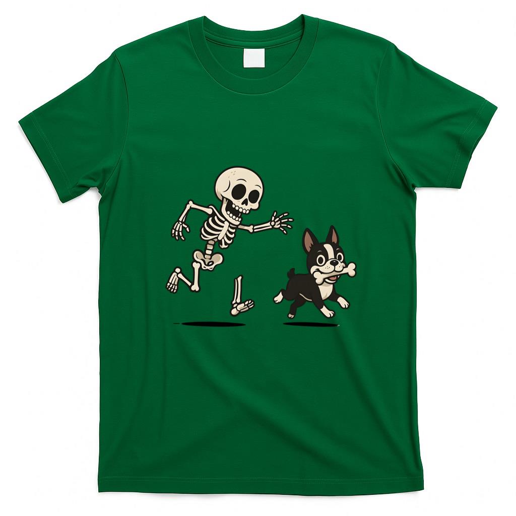 Pet Mom Halloween Shirt - Skeleton Chasing Dog Boston Terrier Halloween Mom Pet Lover Long Sleeve T-Shirt_1
