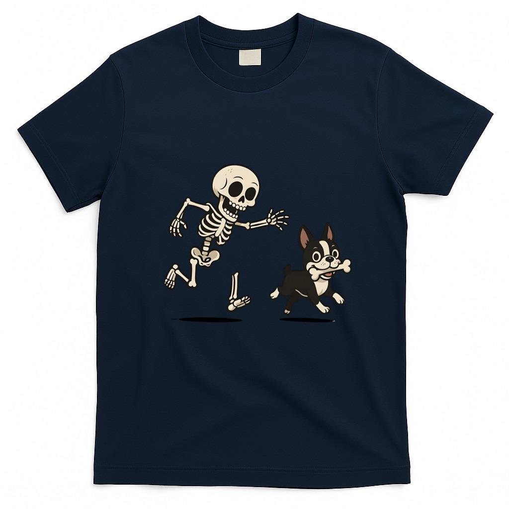 Pet Mom Halloween Shirt - Skeleton Chasing Dog Boston Terrier Halloween Mom Pet Lover Long Sleeve T-Shirt_1