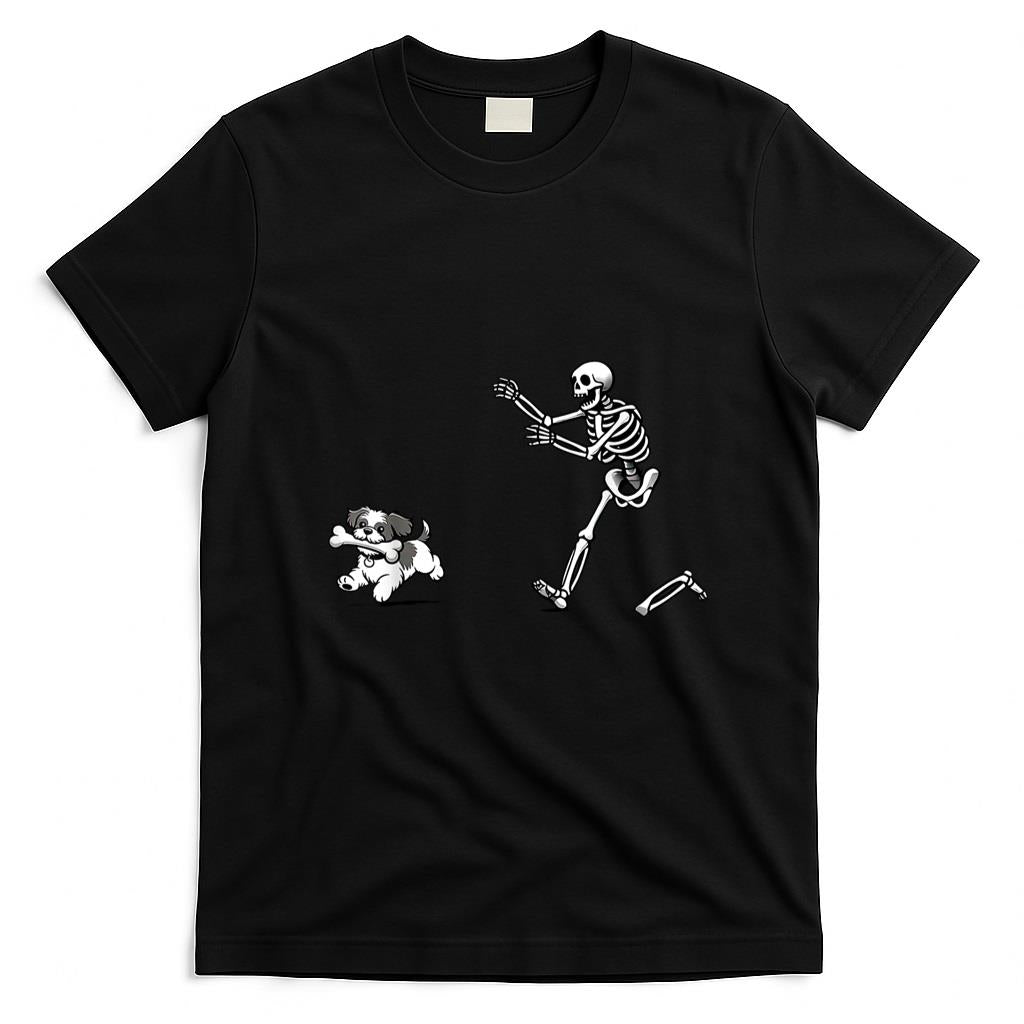 Pet Mom Halloween Shirt - Halloween Funny Skeleton Chasing Tzu Dog Mom Pet Lover T-Shirt