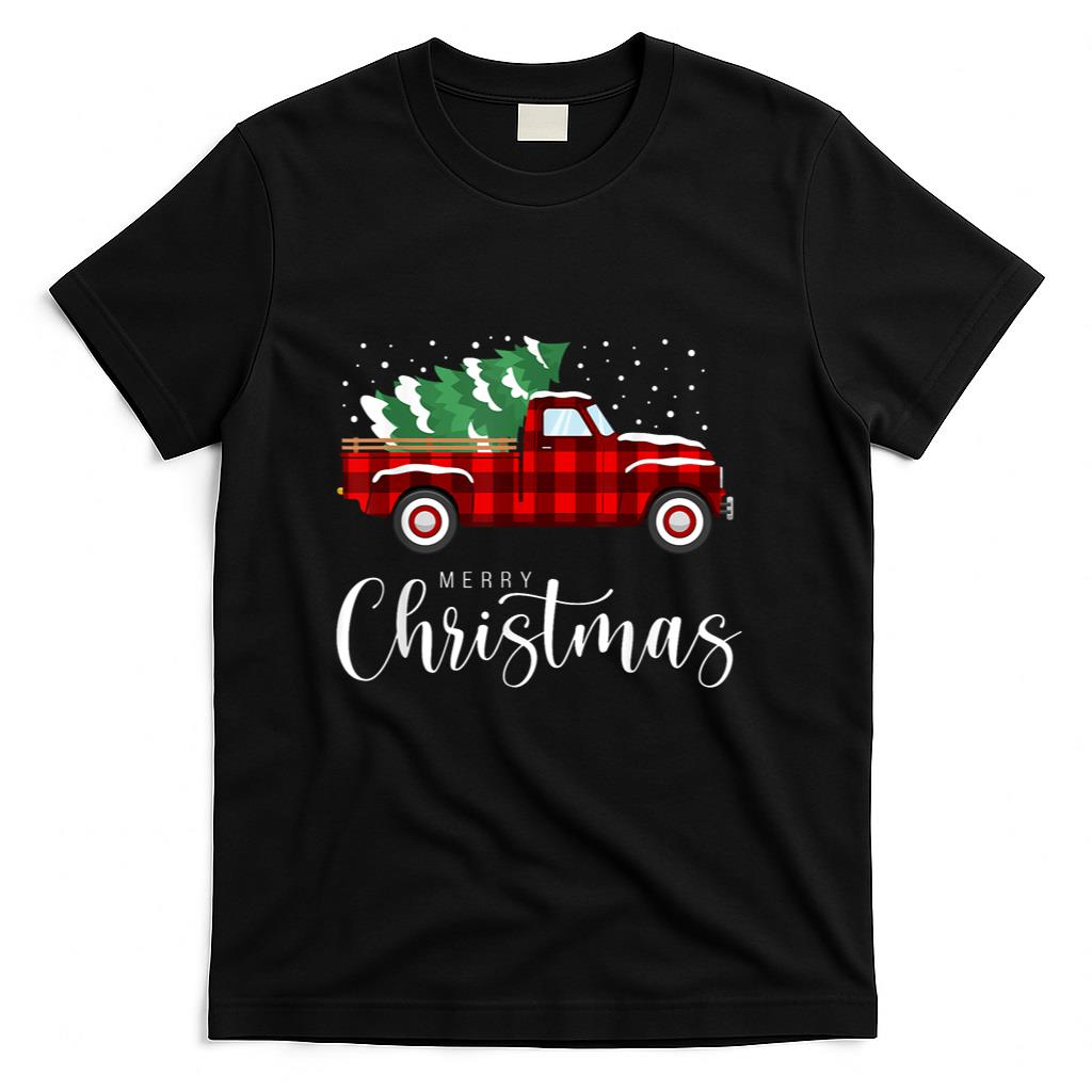 Merry Christmas Red Truck Buffalo Plaid Xmas Retro Vintage T-Shirt