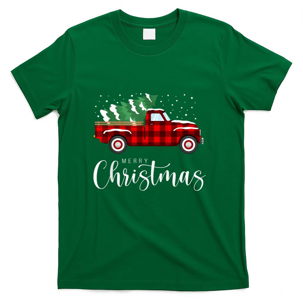 Merry Christmas Red Truck Buffalo Plaid Xmas Retro Vintage T-Shirt