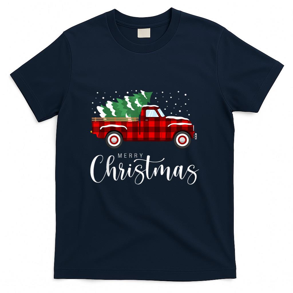 Merry Christmas Red Truck Buffalo Plaid Xmas Retro Vintage T-Shirt