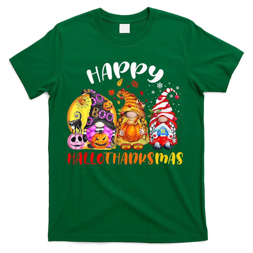 Halloween Thanksgiving Christmas Happy HalloThanksMas Gnomes T-Shirt