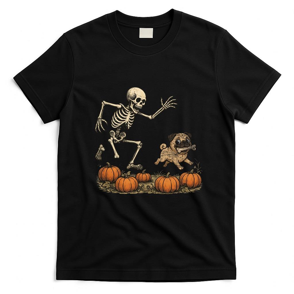 Pet Mom Halloween Shirt - Funny Skeleton Chasing Pug Halloween Dog Mom Pet Lover Long Sleeve T-Shirt