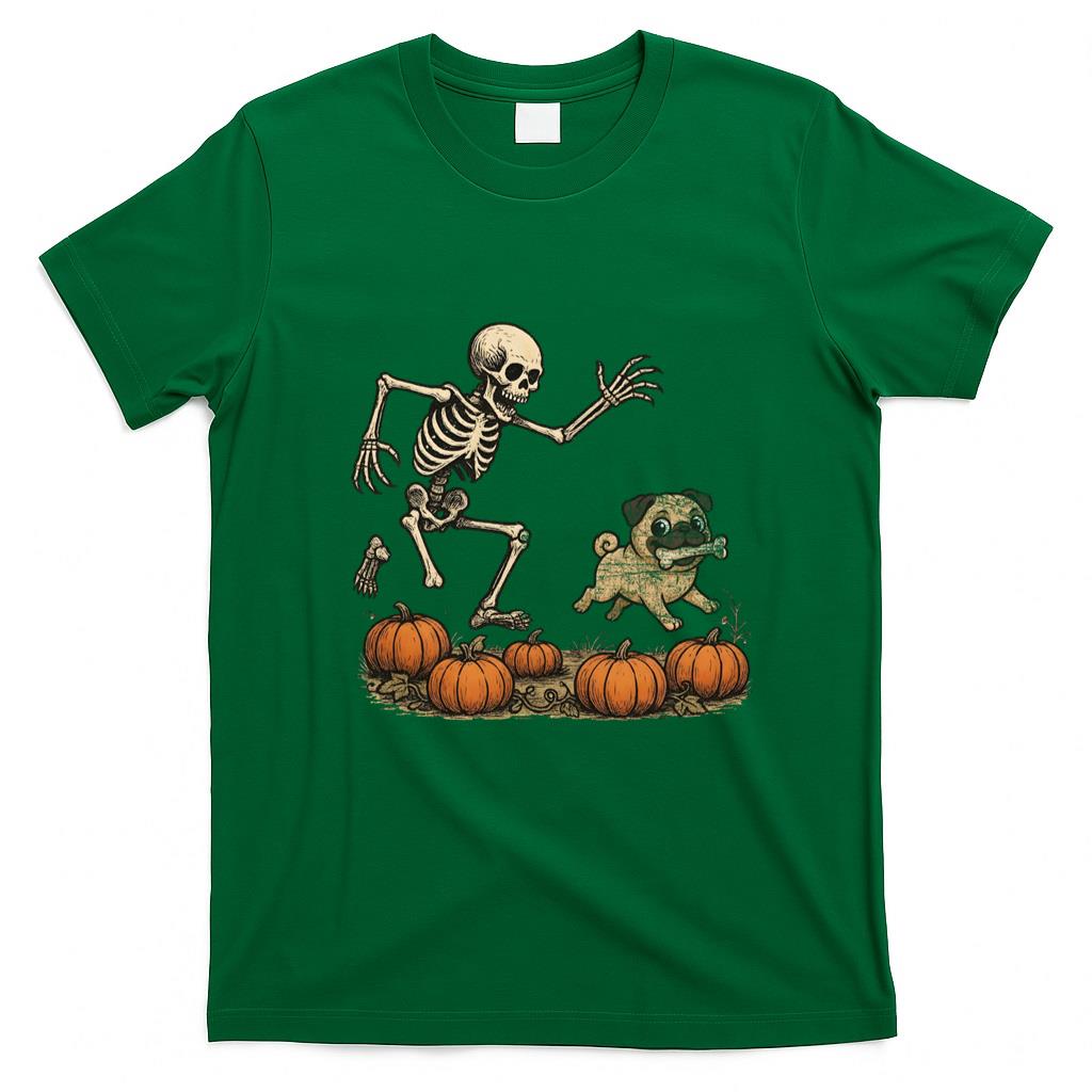 Pet Mom Halloween Shirt - Funny Skeleton Chasing Pug Halloween Dog Mom Pet Lover Long Sleeve T-Shirt
