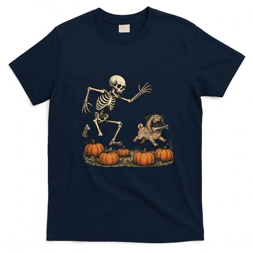 Pet Mom Halloween Shirt - Funny Skeleton Chasing Pug Halloween Dog Mom Pet Lover Long Sleeve T-Shirt