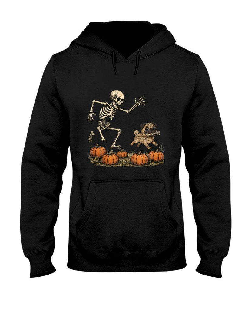 Pet Mom Halloween Shirt - Funny Skeleton Chasing Pug Halloween Dog Mom Pet Lover Long Sleeve T-Shirt