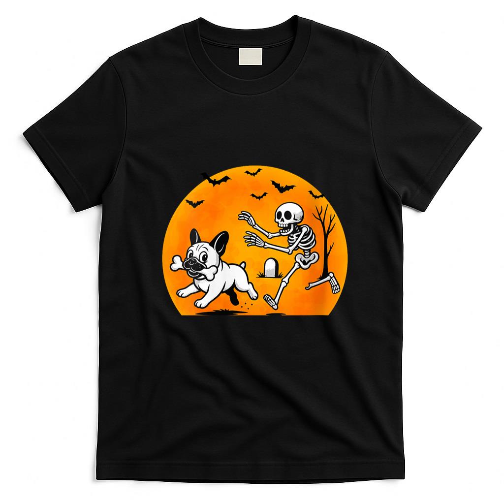 Pet Mom Halloween Shirt - Womens Halloween Skeleton Chasing French Bulldog Pet Lover Dog Mom V-Neck T-Shirt