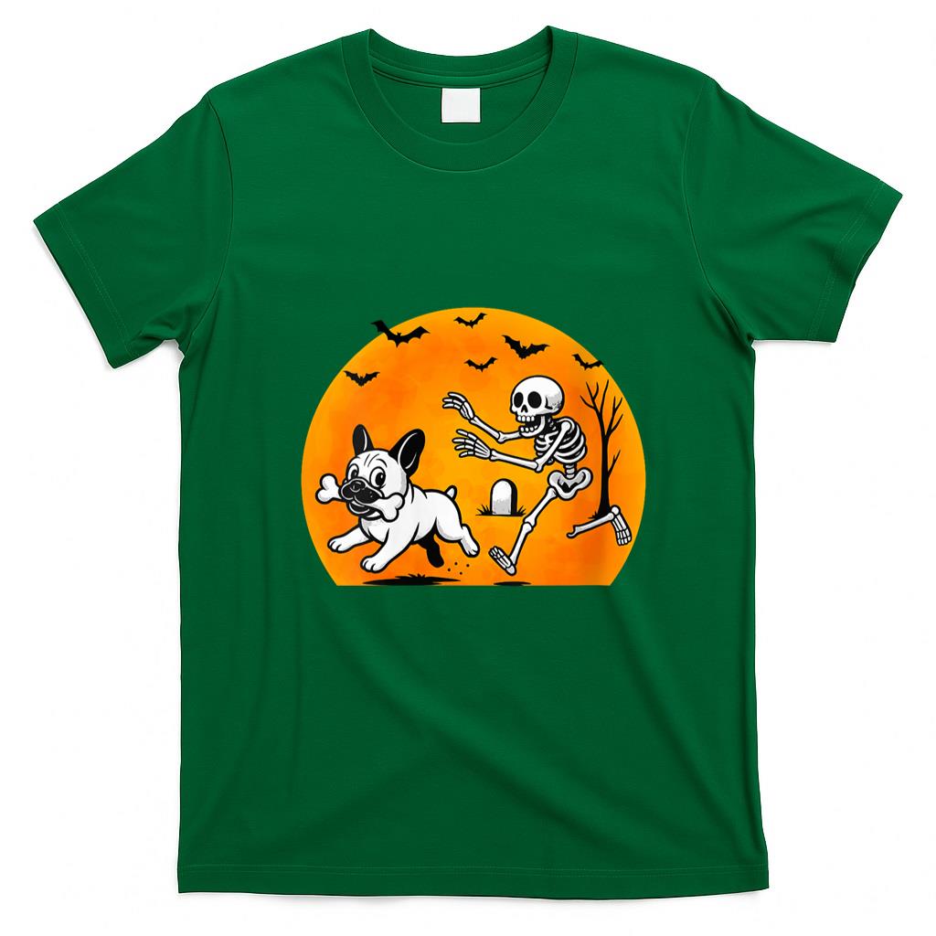 Pet Mom Halloween Shirt - Womens Halloween Skeleton Chasing French Bulldog Pet Lover Dog Mom V-Neck T-Shirt