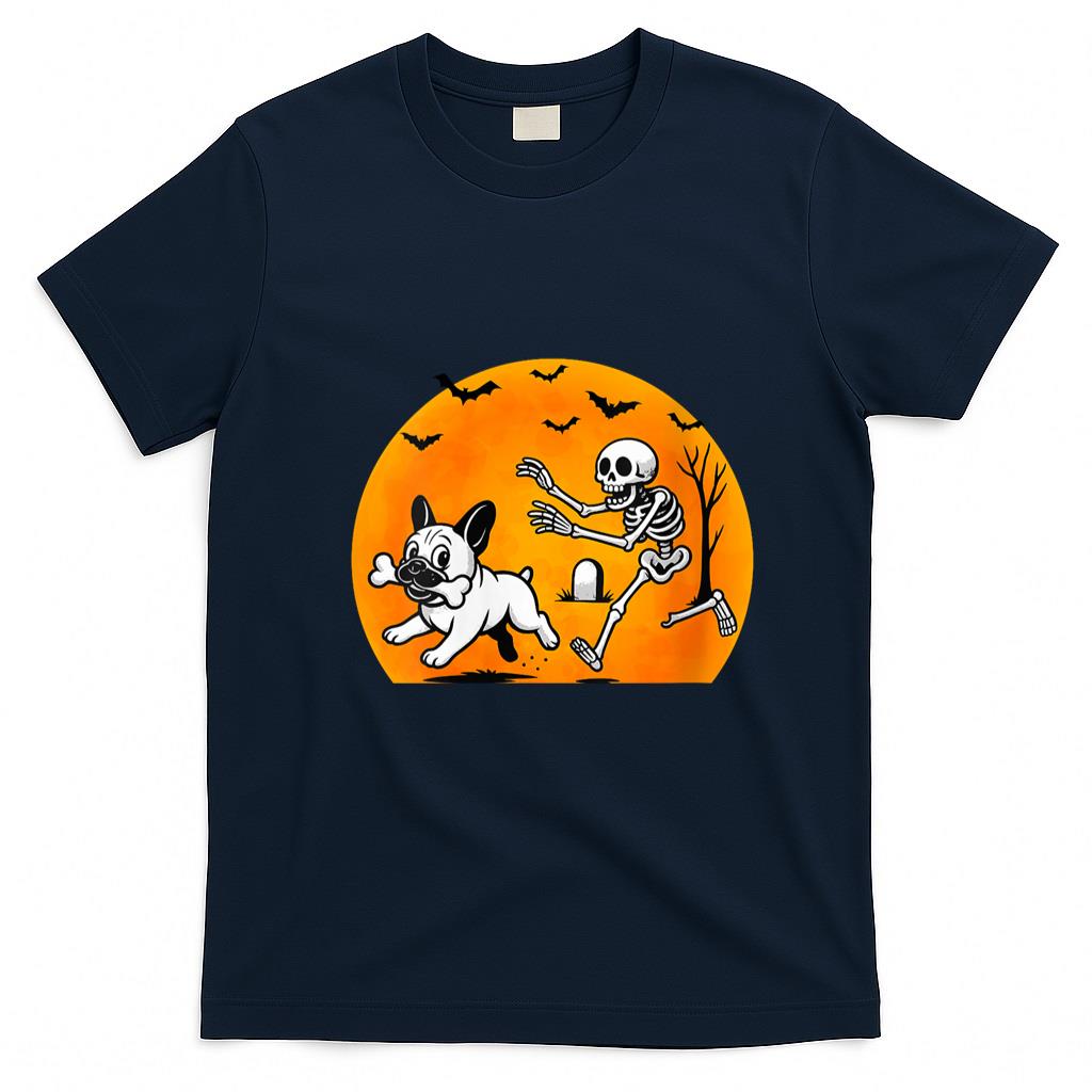 Pet Mom Halloween Shirt - Womens Halloween Skeleton Chasing French Bulldog Pet Lover Dog Mom V-Neck T-Shirt
