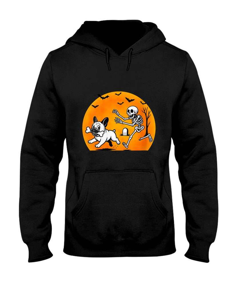 Pet Mom Halloween Shirt - Womens Halloween Skeleton Chasing French Bulldog Pet Lover Dog Mom V-Neck T-Shirt