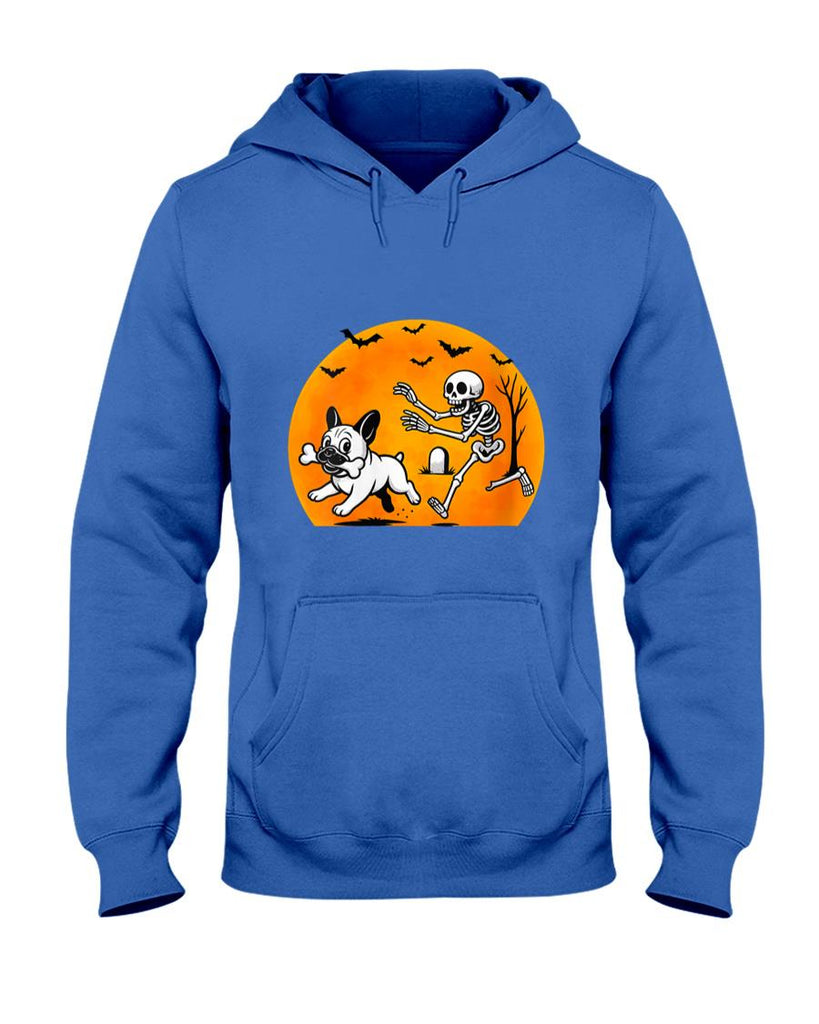 Pet Mom Halloween Shirt - Womens Halloween Skeleton Chasing French Bulldog Pet Lover Dog Mom V-Neck T-Shirt