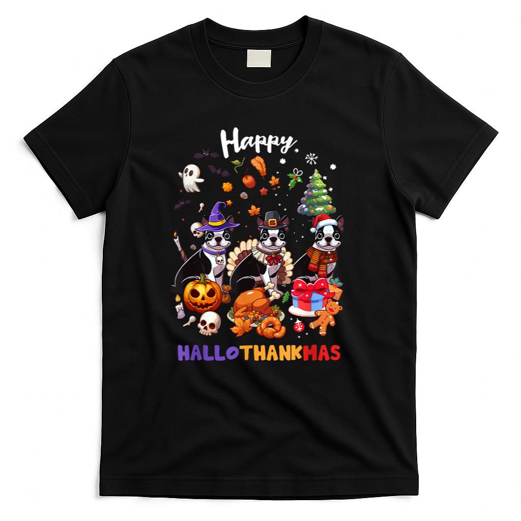 Boston Terrier Dog Christmas Happy Hallothankmas Halloween T-Shirt for Men Women Kids