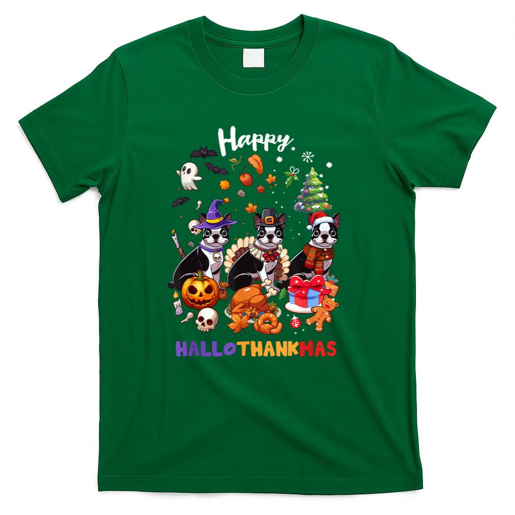 Boston Terrier Dog Christmas Happy Hallothankmas Halloween T-Shirt for Men Women Kids