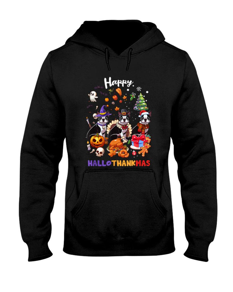 Boston Terrier Dog Christmas Happy Hallothankmas Halloween T-Shirt for Men Women Kids