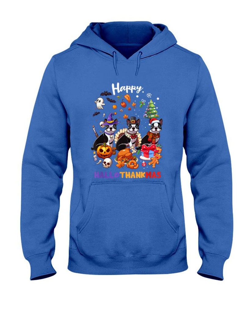 Boston Terrier Dog Christmas Happy Hallothankmas Halloween T-Shirt for Men Women Kids