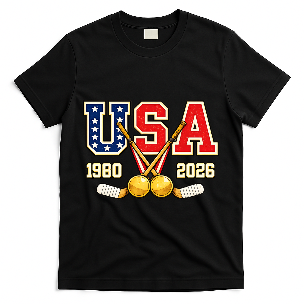 1980 And 2026 Hockey Vintage USA Champions T-Shirt - Black