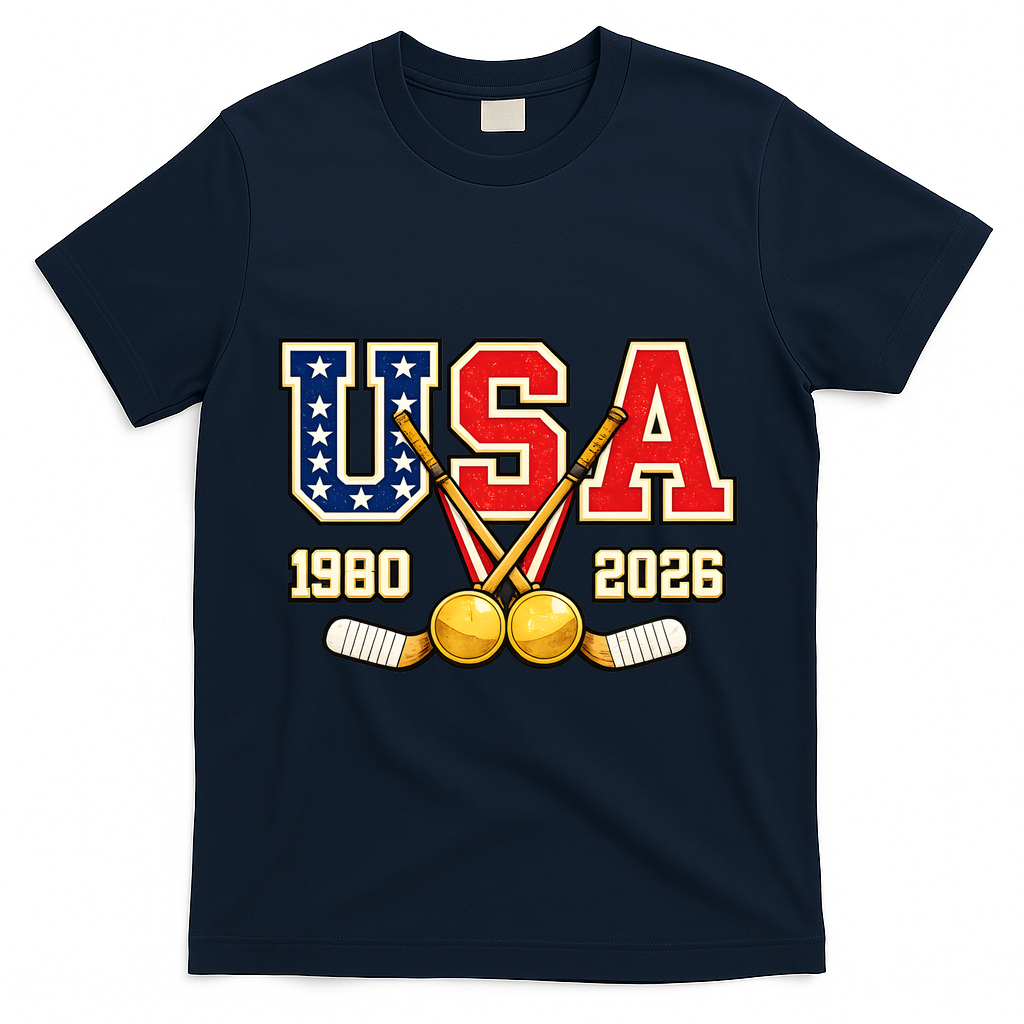 1980 And 2026 Hockey Vintage USA Champions T-Shirt - Navy