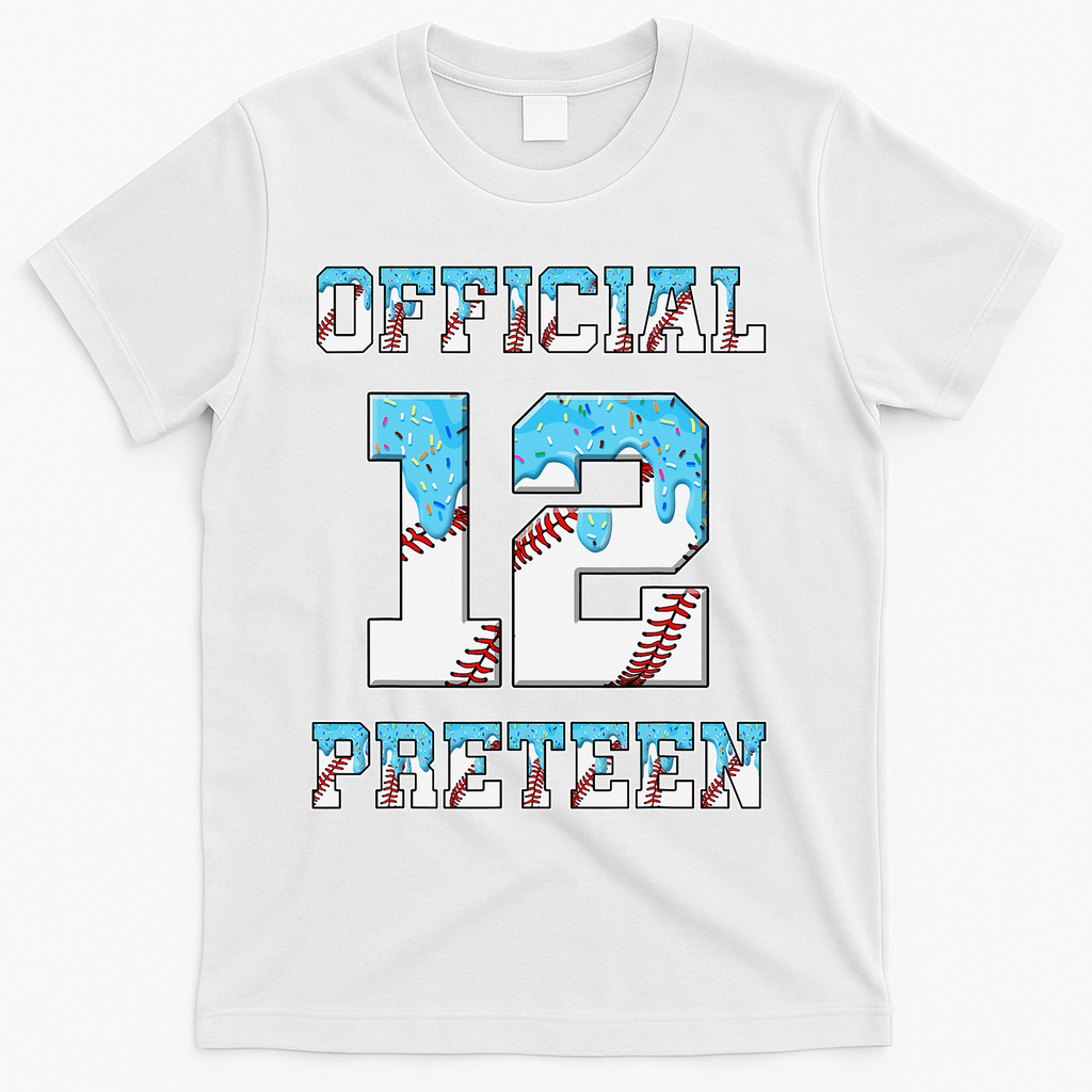 12th Birthday Baseball Drip Preteen T-Shirt - White