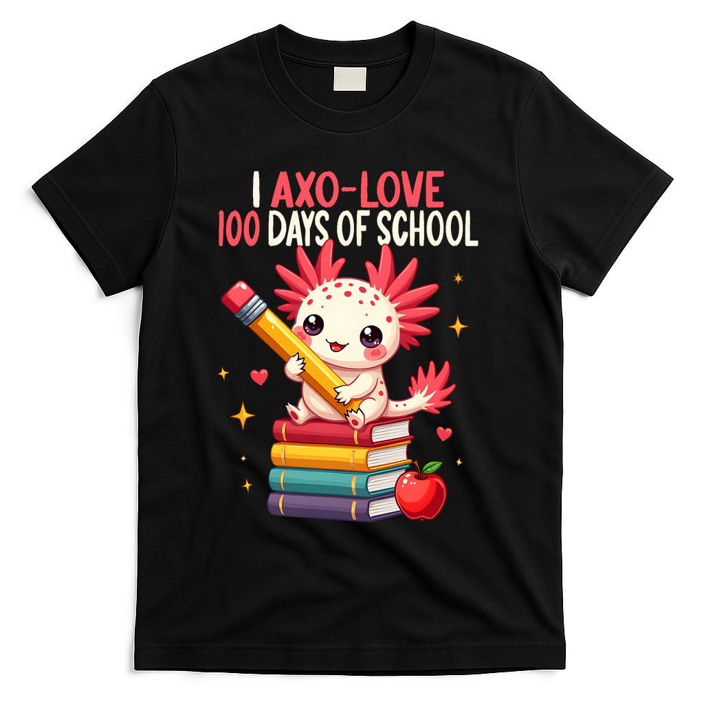 100 Days Of School For Girl 100th Day Of School Axolotl  T-Shirt - Black
