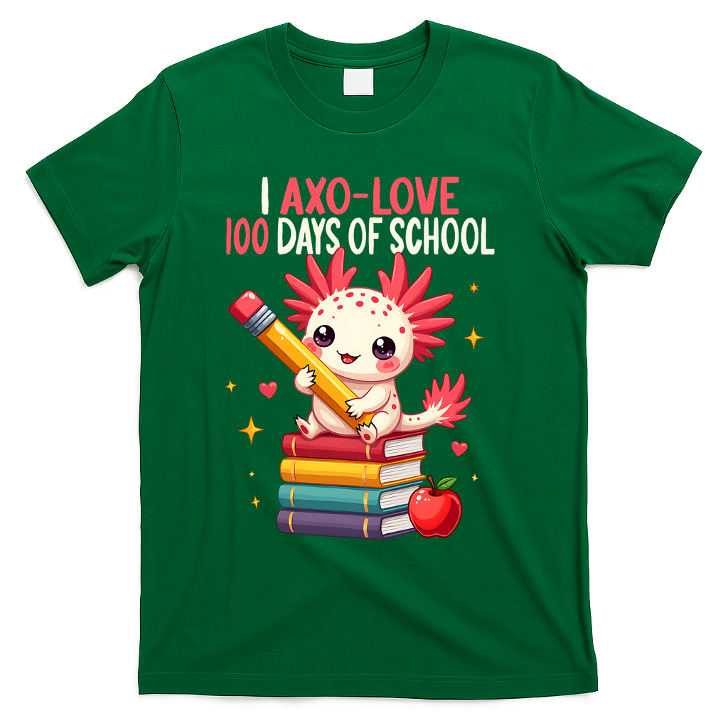 100 Days Of School For Girl 100th Day Of School Axolotl  T-Shirt - Green